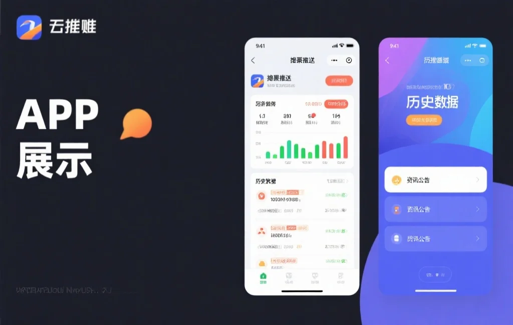 应用界面展示，包含开奖结果推送、历史数据与资讯公告，简洁明亮的风格